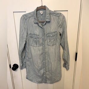 & Denim Long Sleeve Chambray Shirt Dress Button Down Pockets Blue Size 6